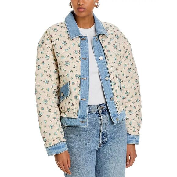 BlankNYC Women Ivory Floral Denim Quilted Oversize Bomber Jacket Size XS - Picture 2 of 7